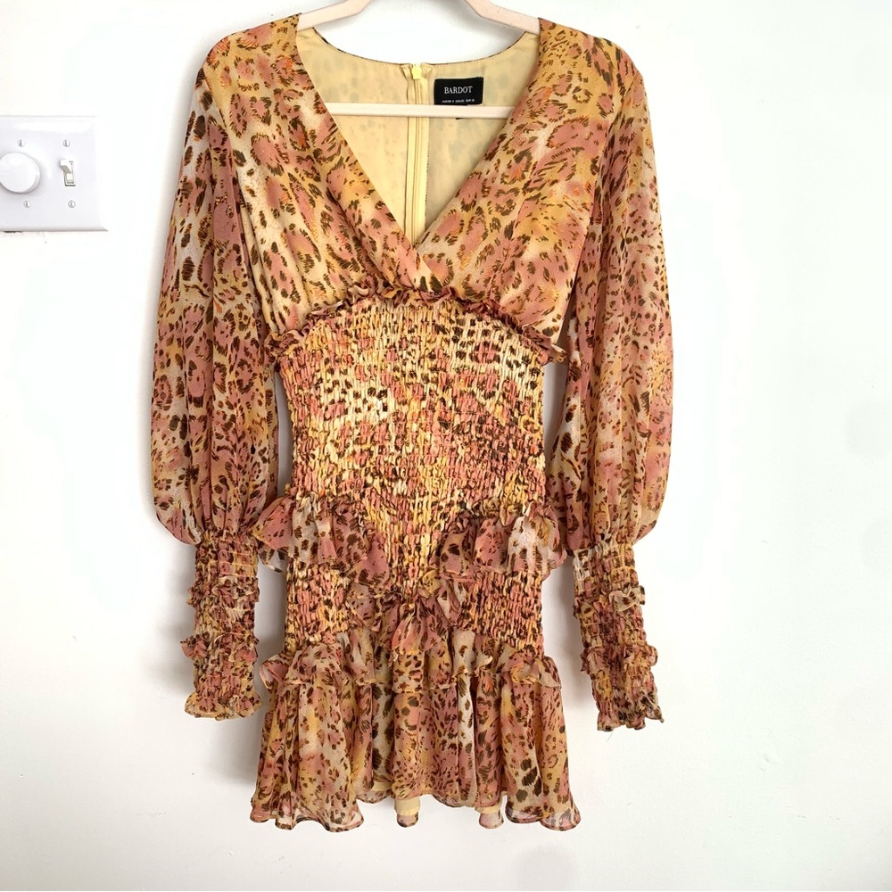 Bardot Long Sleeve Frilled Hem Mustard Dress with Leopard Animal Print
